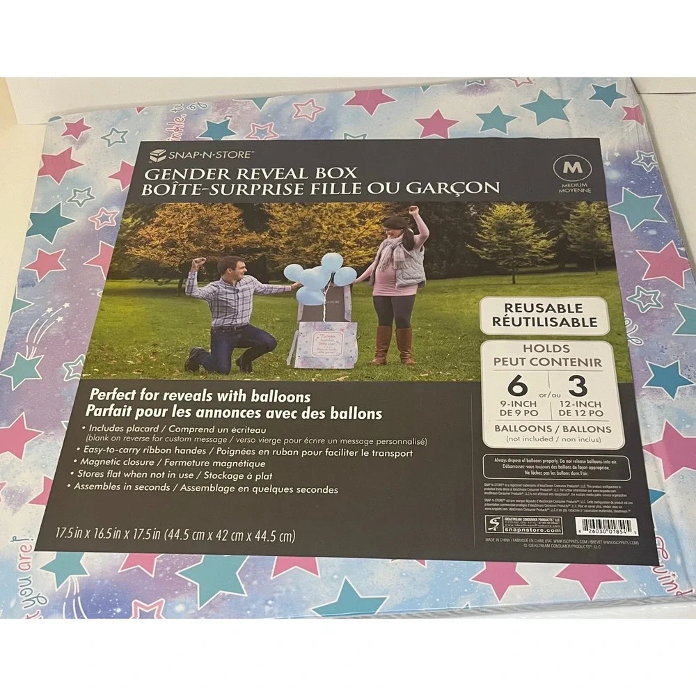 Snap-N-Store Gender Reveal Box  Medium Pink Blue NEW Reusable Magnetic 16.5x17.5